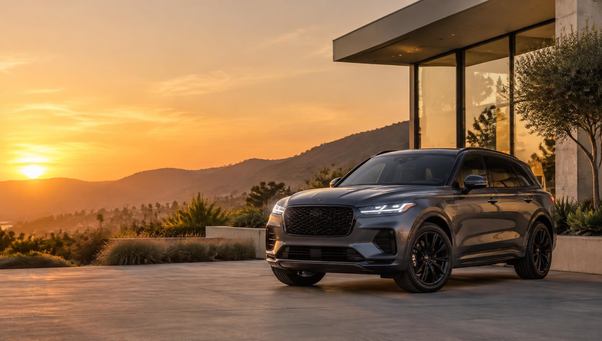 Graphite luxury SUV parked outside a modern California showroom at sunset