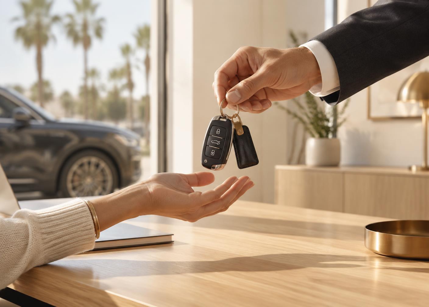 Car keys being handed across a desk at Nexa Motors